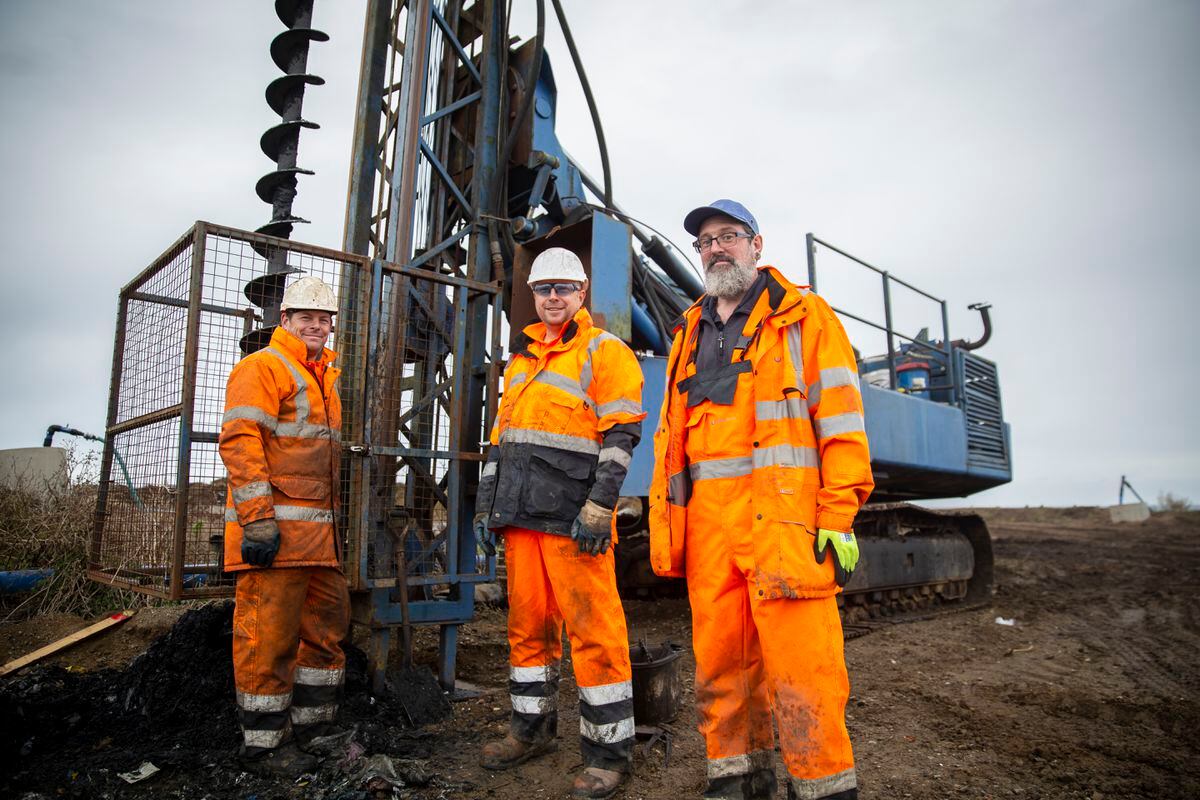Left to right, Paul McCrindle, Mark McCrindle and Yannic Bearder on site with the drilling rig at Mont Cuet. (Picture by Luke Le Prevost, 31338839)