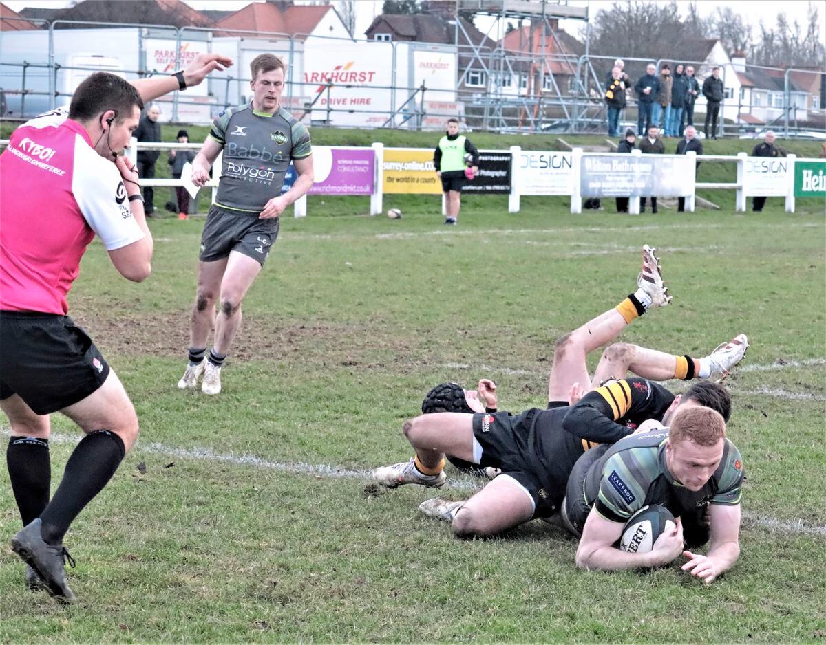 Anthony Armstrong scores one of his three tries at Esher on Saturday. (Picture by Mike Marshall, 30469797)