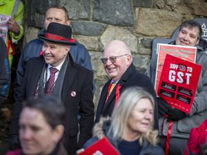 Deputies Carl Meerveld and Chris Le Tissier arriving for last week's States debate at the Royal Court, where members of the public had gathered to protest against plans to introduce GST. (Picture by Luke Le Prevost, 31725429)