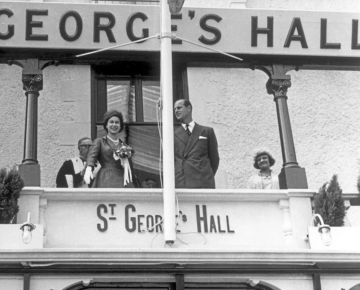 The Queen and Prince Phillip on the balcony of St George’s Hall during their visit in 1957. (31174134)