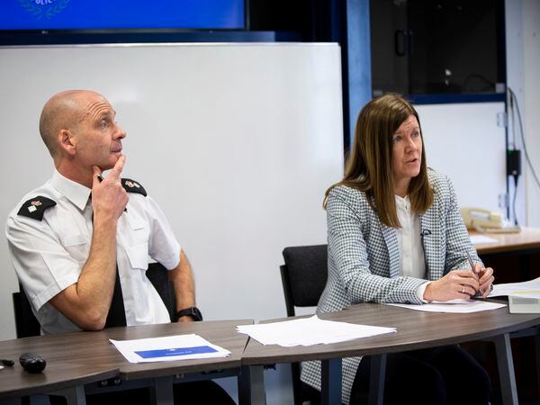 Deputy Chief Officer Ian Scholes and Detective Chief Inspector Julie Palmer, who heads crime services, outlining Guernsey Police’s reaction to the results of survey into the way the force handles sexual offences cases.  (Picture by Luke Le Prevost, 31725918)