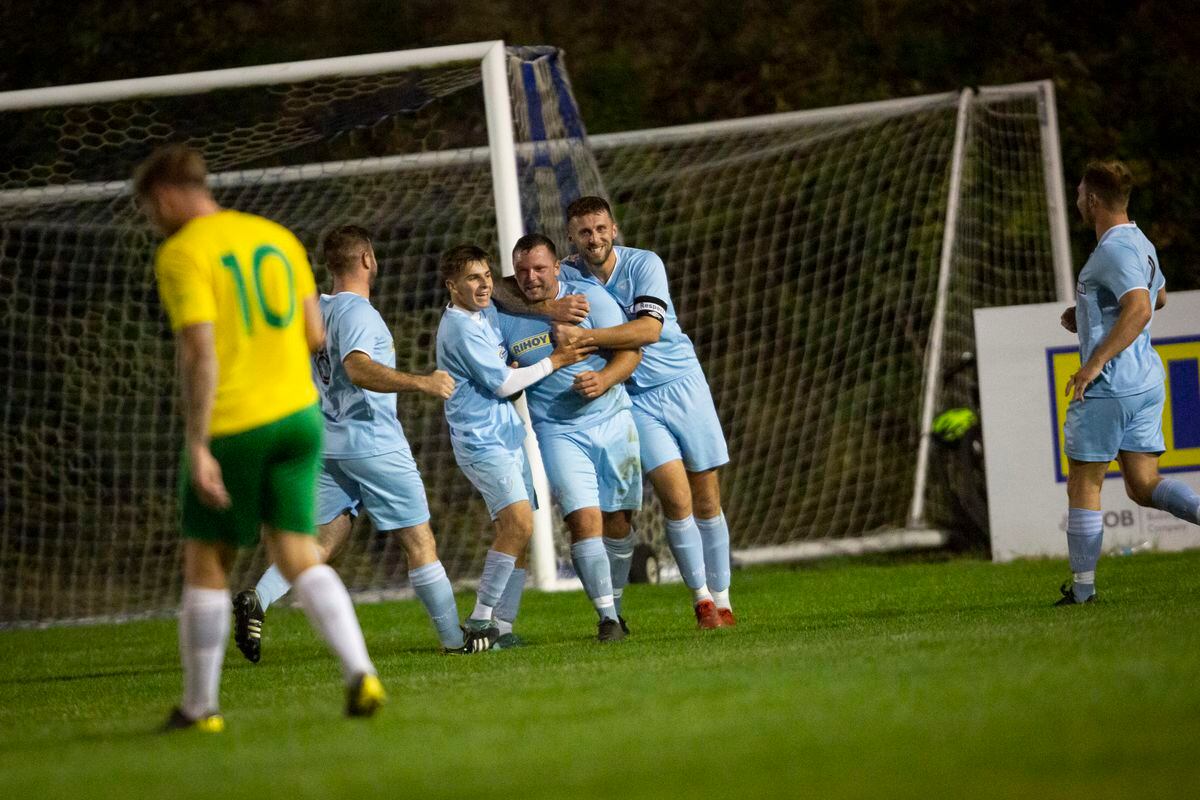 Craig Young is congratulated by his North teammates after scoring the opener in their 7-0 win over Vale Rec. (Picture by Sophie Rabey, 31286495)