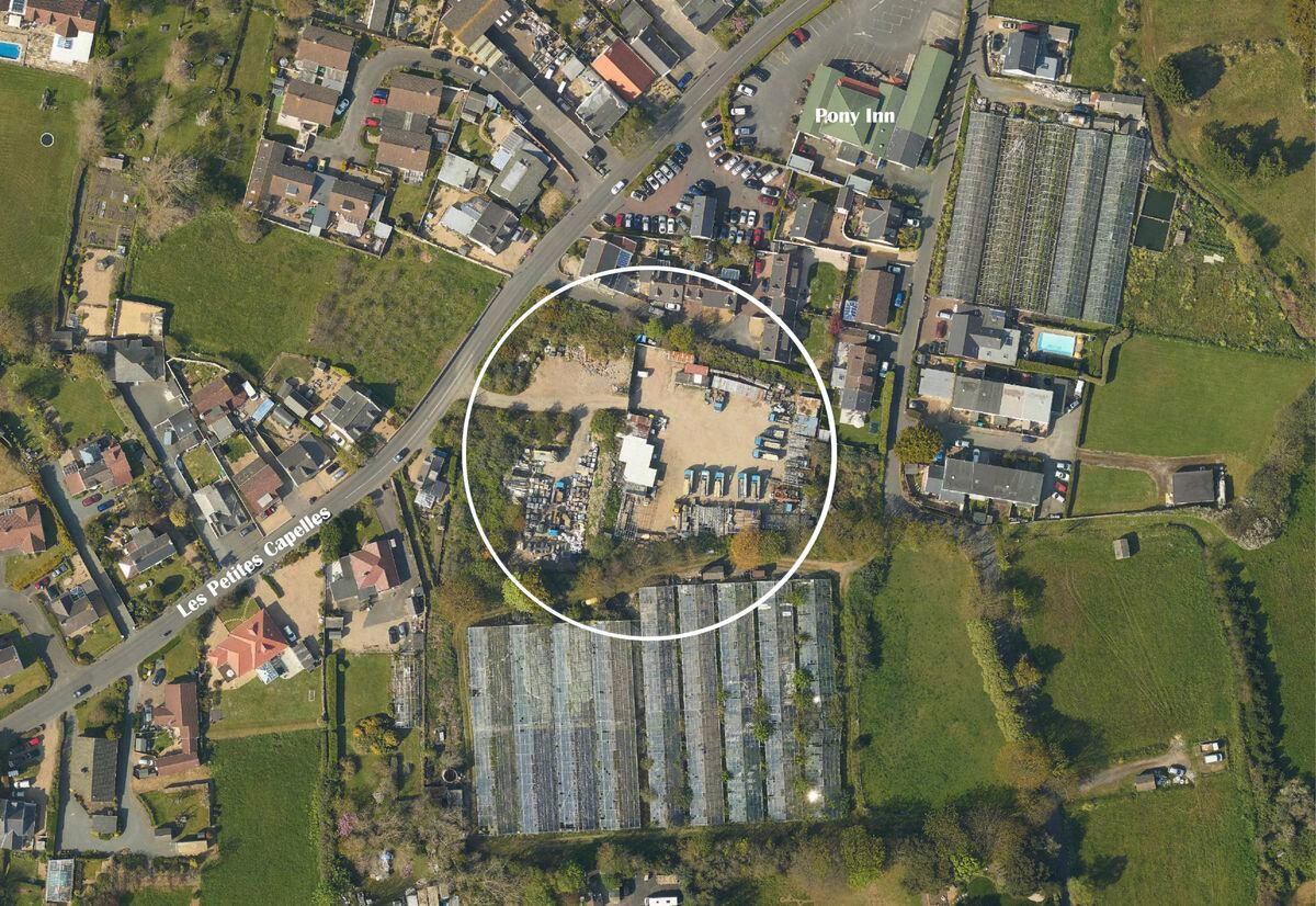 The site off Petites Capelles Road, which is partly leased to a scaffolding firm. The land’s UK-based owner has been refused permission to extend the yard. (Image courtesy of Digimap, 30436439)