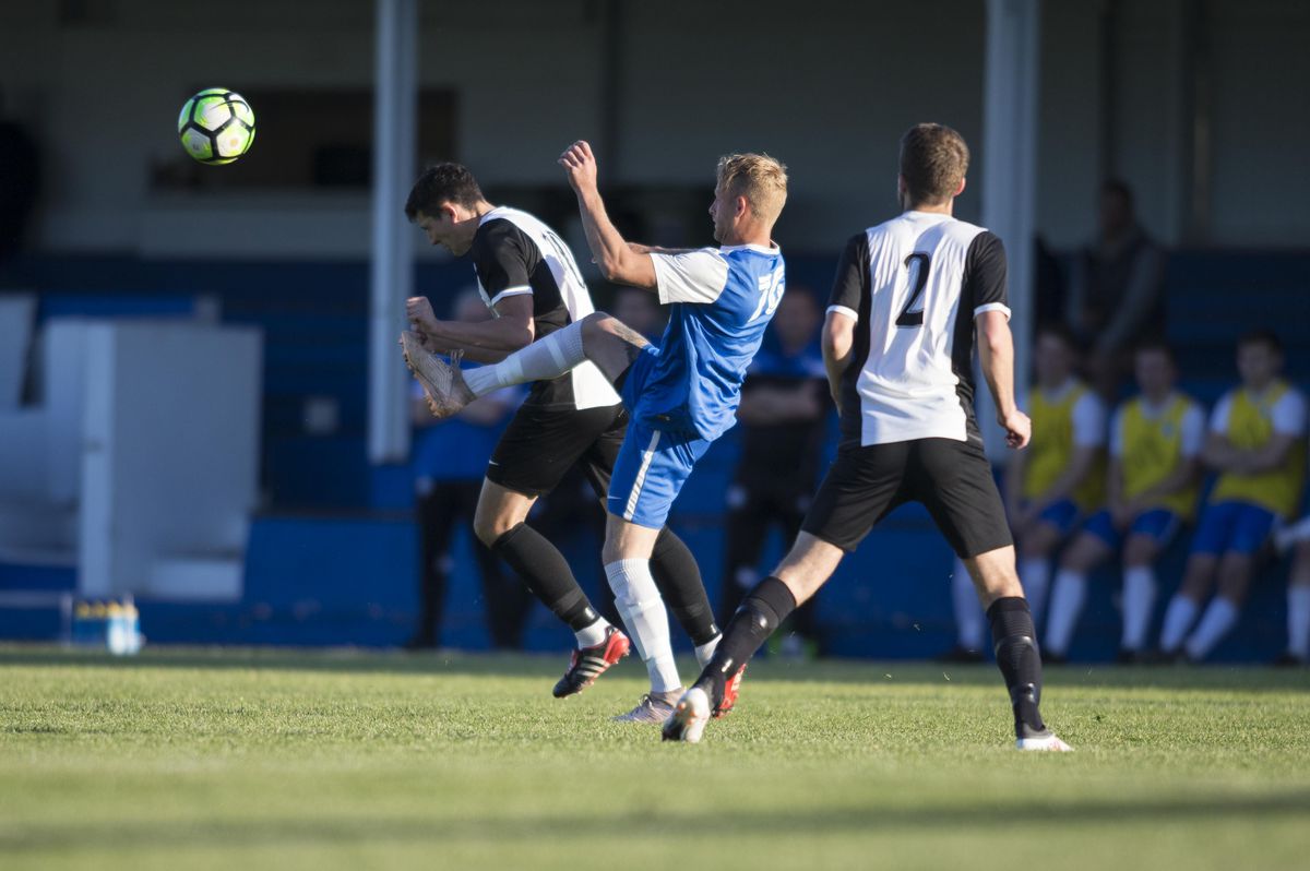 St Martin's forward Danny Hale heading the ball in the most recent Stranger Cup final back in May 2019. He scored the only goal of the game against Rovers. (Picture by Peter Frankland, 30380326)