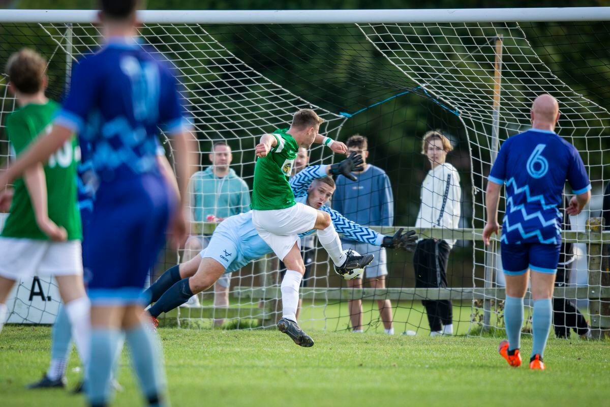 Seb Vance scores for Guernsey U21s against Royal Navy Fleet Air Arm in the Malaya Cup at Blanche Pierre Lane. (Picture by Luke Le Prevost, 31301314)