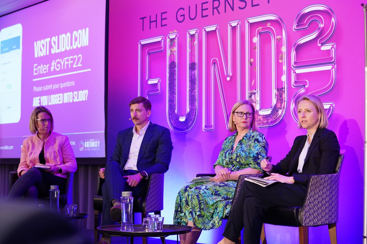 Picture Supplied. 13-05-22 Guernsey Financial Services Commissionâs Investment, Fiduciary and Pension Division at the at the 2022 Guernsey Funds Forum on Thursday..L-R - Gillian Tett, Dylan Cox, Lorraine Johnston and Sona Stadtelmeyer-Petru.. (30816143)