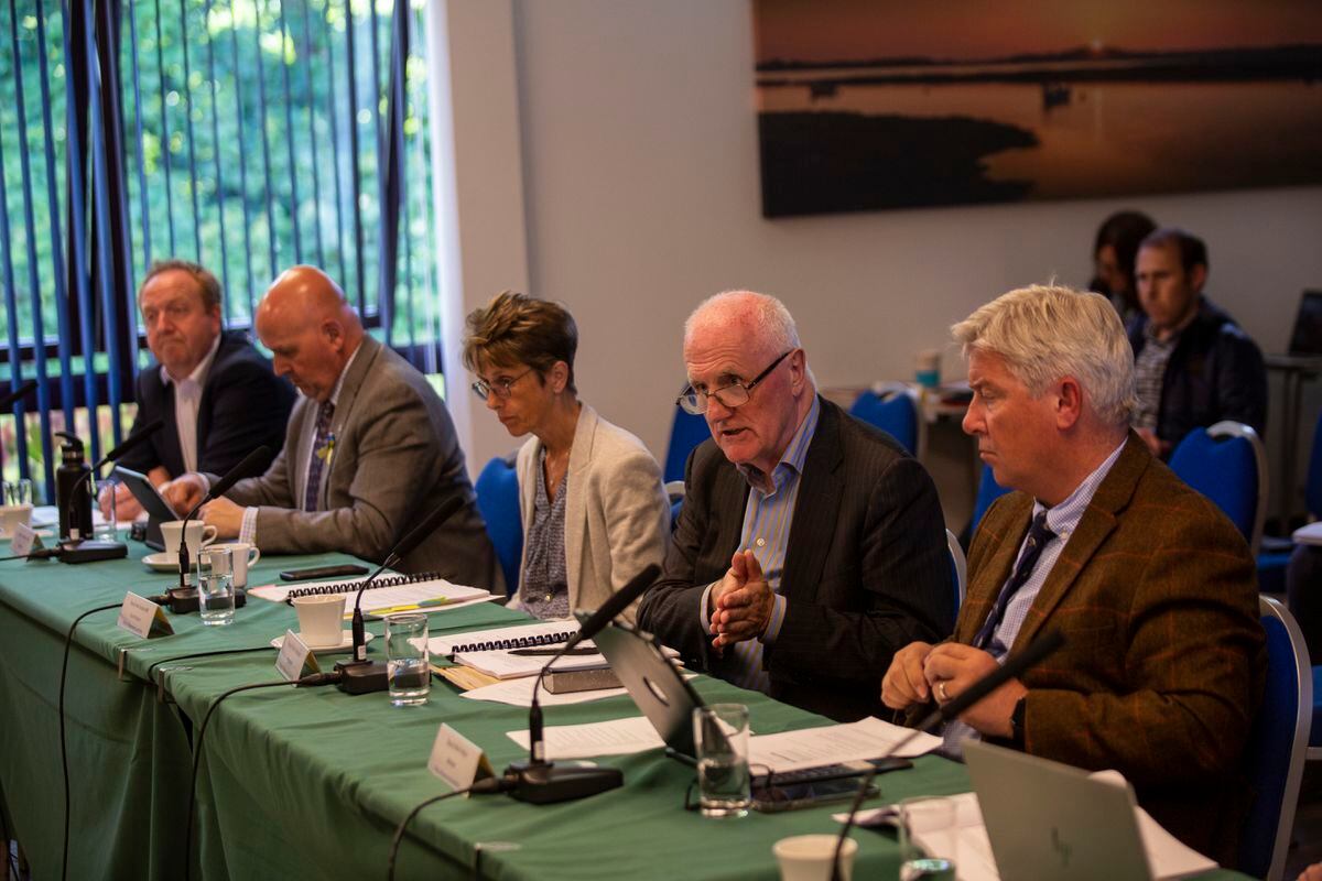 The Policy & Resources members and senior civil servant Steve Wakelin at yesterday's Scrutiny Management Committee hearing. Left to right, Mr Wakelin, Deputy Jonathan Le Tocq, Deputy Heidi Soulsby, Deputy Peter Ferbrache and Deputy Mark Helyar.(Picture by Sophie Rabey, 30878786)