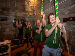 Picture by Luke Le Prevost. 15-09-22..Bell ringers at Town Church have recently been very busy. L-R Ollie Blake (14), Joseph Blake (17), Paul Lawrence (steeple keeper) and Duncan Loweth (tower captain). (31273870)
