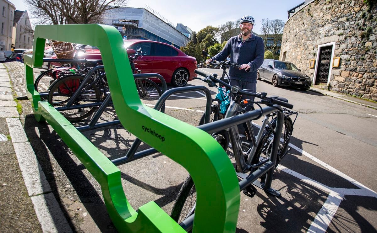 Electric bike rider Mark Bisson parks his machine. He is a big fan of the new cycle hoops in Hirzel Street. (Picture by Luke Le Prevost, 31942337)