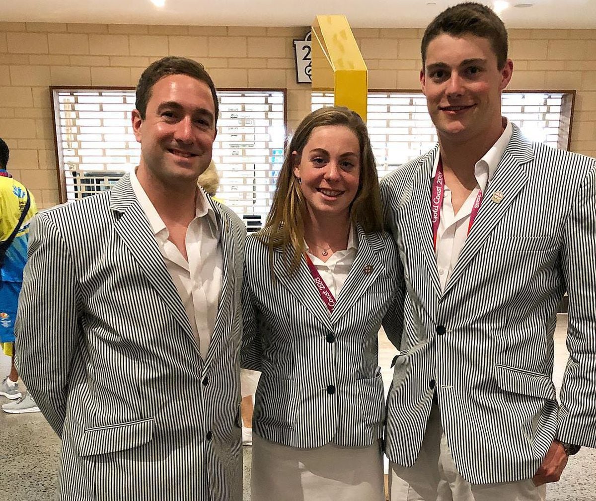 Gold Coast 2018 Commonwealth Games opening ceremony at Carrara Stadium. Guernsey swimmers Tom Hollingsworth, Tatiana Tostevin and Miles Munro.Picture from Thomas Hollingsworth Instagram. (21786246)
