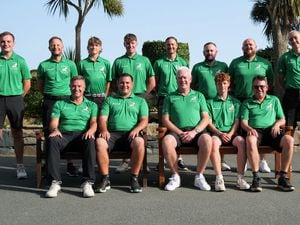 GOLF The 2023 Guernsey men's inter-insular team for the match at La Moye in Jersey. Back row, left to right: Jeremy Nicolle, Steve Mahy, Conor McKenna, Rory McKenna, Danny Blondel, Tom Pattimore, Tom Le Huray, Tanner Austin (reserve). Front row: Danny Bisson, Jamie Blondel, Dave Jeffery (captain), Jayden Tucknott, Arthur Evans (reserve)..Picture by Gareth Le Prevost, 05-09-23. (32503468)