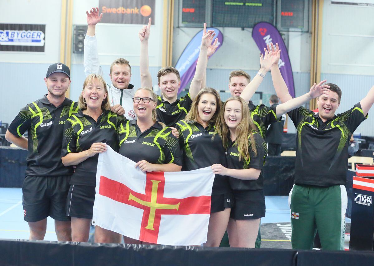The Guernsey team celebrate winning gold at the Gotland 2017 NatWest Island Games. (Picture by Adrian Miller, 24008756)