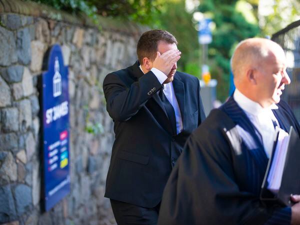 Picture by Guernsey Press. 25-09-23 Former Police Officer PC Aaron Cusack arriving at The Royal Court for sentencing. For committing a series of acts intended to pervert the course of justice.
Arriving with his advocate Andrew Ayres.
******NO BYLINE PLEASE****** (32559112)