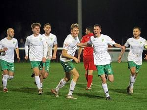 FOOTBALL Isthmian South Central - Binfield v Guernsey FC. Keene Domaille celebrates his first GFC goal.Picture by ESA Photos, 22-02-22. (30529486)