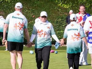 Picture by Sophie Rabey.  24-09-19.  The European Bowls Championships.  Guernsey Vs. England.  Todd Priaulx, Lucy Beere and Rose Ogier high five. (25875520)