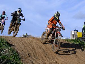 Pic supplied by Andrew Le Poidevin: 19-11-2022...Guernsey Kart & Motor Club Motocross racing at Pleinmont. Paul Le Messurier leads Leo Gomes and GH Smit in a B Group race.. (31491322)