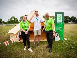 A sample glamping tent was set up for the International Island Games Association’s visit in July and chairman Jorgen Pettersson, centre, liked it. He is pictured with Games director Julia Bowditch, and director of volunteering Wayne Bulpitt. (Picture by Sophie Rabey, 31531599)