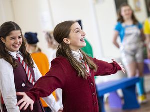 Picture by Sophie Rabey.  14-05-23.  Katie Luxon (r), 14, has acting roles in two plays at the festival and has choreographed a third. She is pictured rehearsing with fellow actor Ruby Coyde at the Rink on Sunday.. (32114738)