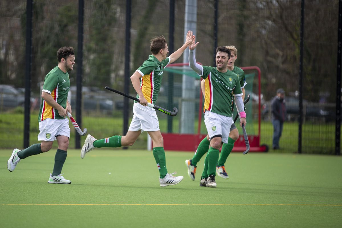 Guernsey forwards Ant Stokes, left, and Sean Donaldson celebrate a goal during a first half in which both scored yesterday at Footes Lane where the home side progressed to the semi-finals of the EH Tier Two Championship by beating Jersey 3-1 in a penalty shoot-out after the game ended 3-3. (Picture by Luke Le Prevost, 31892644)