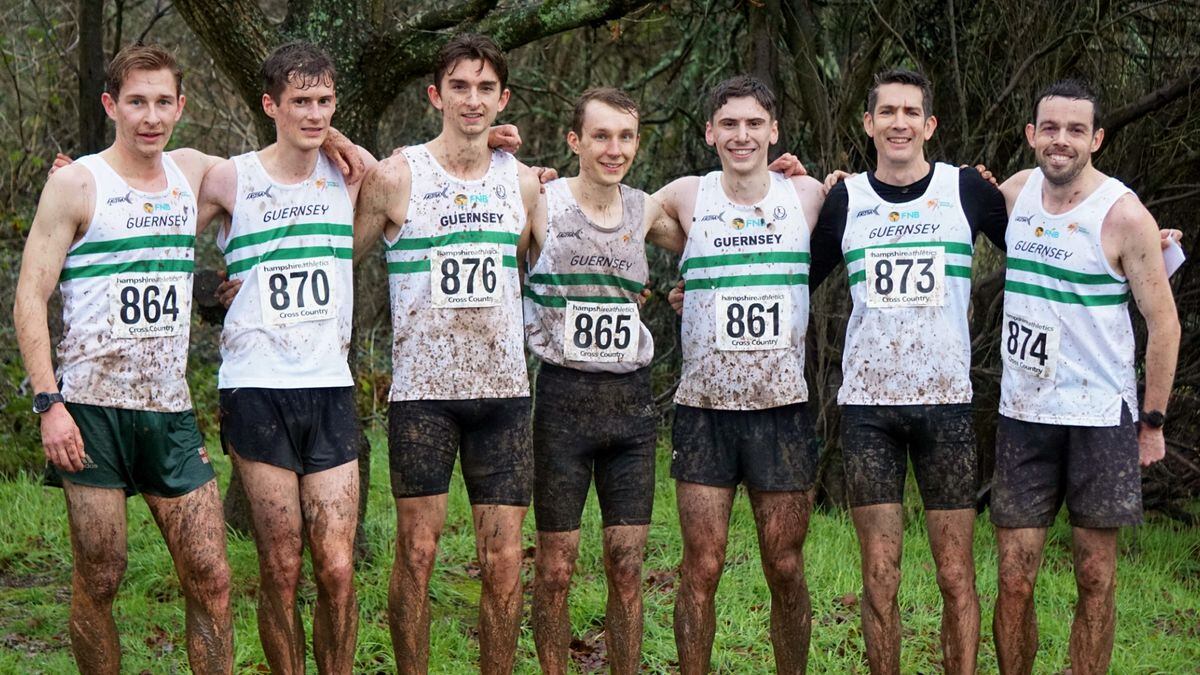 Guernsey's first seven at the Hampshire Cross-Country Championships. Left to right: Dan Galpin, Sam Lesley, Alex Rowe, Sammy Galpin, Richard Bartram, Lee Merrien, James Priest. (Picture by Jamie Ingrouille, 30374013)