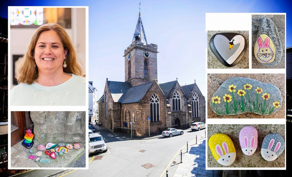 Rector’s churchwarden and display organiser Ruth Abernethy with images of some of the hand-painted pebbles stolen from outside the Town Church. (Picture by Sophie Rabey, 28258044)