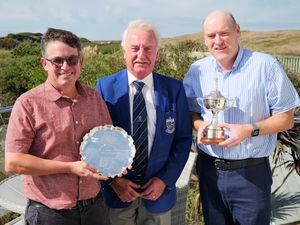 GOLF Appleby L'Ancresse Open 2021. Left to right: Scratch salver winner Arthur Evans, LGC captain Alan Mahy and Open winner Andrew Boyd..Picture by Gareth Le Prevost, 26-09-21. (30024315)