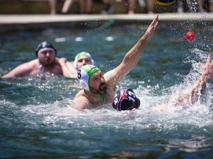 Hands up who likes water polo: Action from one of the dozen matches at the Bathing Pools on Saturday. (Picture by Peter Frankland, 30992697)