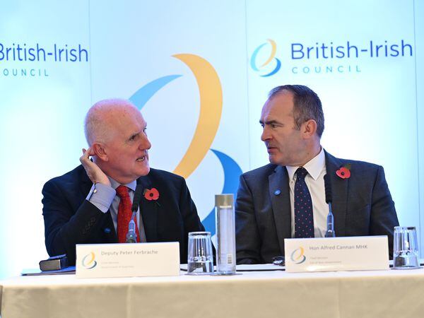 Deputy Peter Ferbrache, left, and Chief Minister of the Isle of Man Alfred Cannan during a press conference at the 38th British-Irish Council Summit in November last year. (32165207)