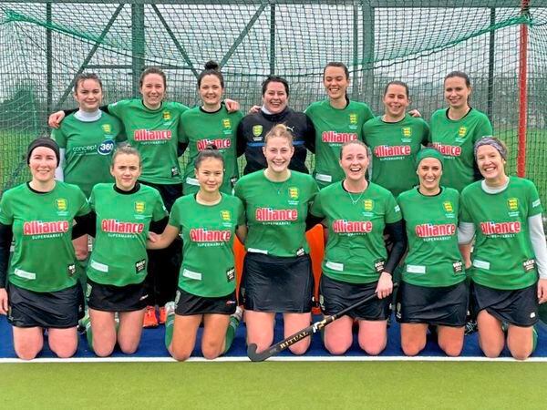 Guernsey women's hockey team who played Havant in the EH Women's Tier Two Championship. Back row, left to right: Mia Lloyd-Jones, Alex Bevis, Chesi McLuskey, Emma Atkinson, Kelley Cameron, Becky Hubbard, Megan Stewart. Front: Holly Stubbert-Malley, Harriet Savident, Mali Smith, Katherine Bushell, Becky McAllister, Laura Webber, Lucy Waldrom..Picture by Sophie Warren, 08-01-22. (30376939)