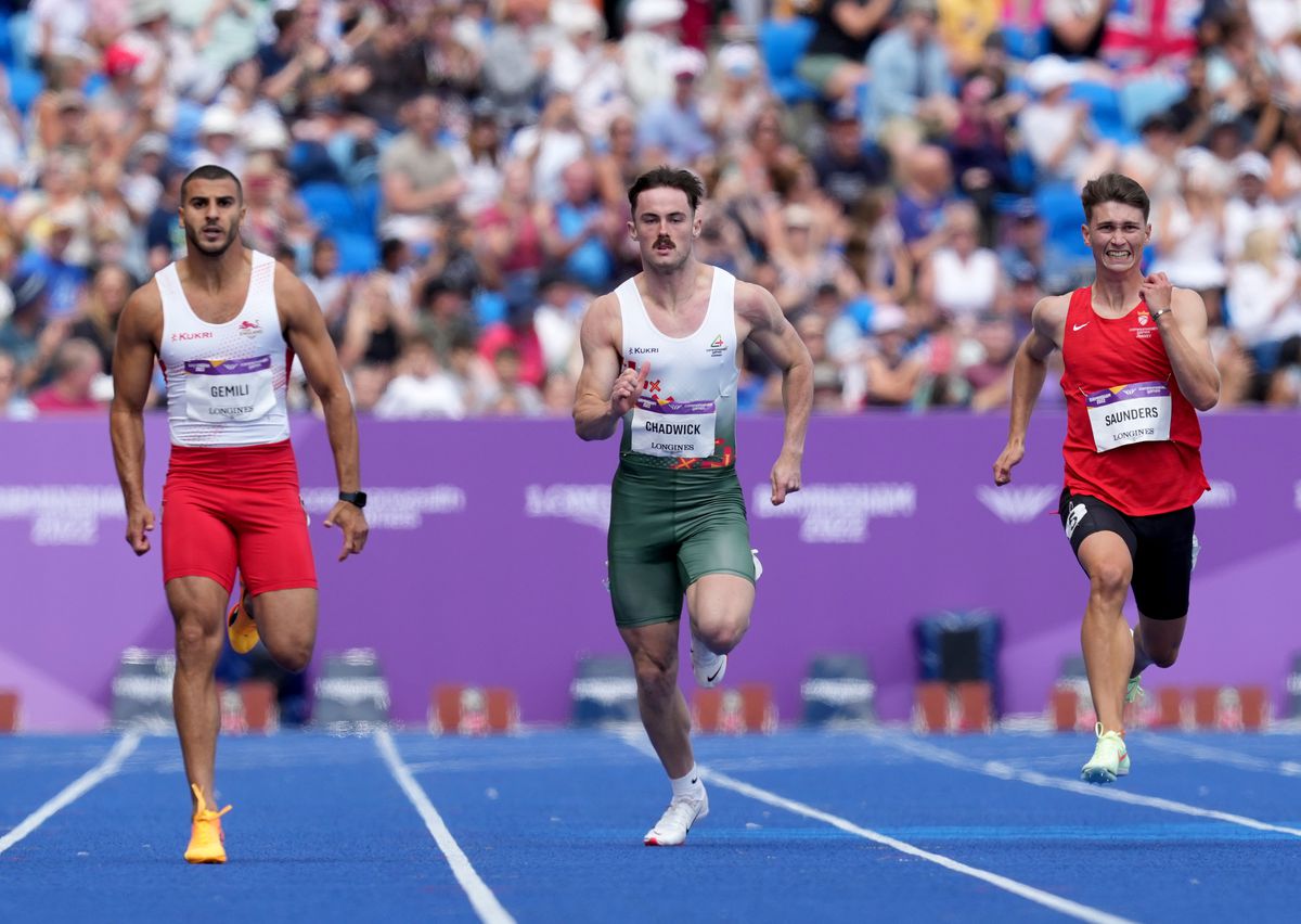 Joe Chadwick in-between Adam Gemili, left, and Jersey’s Zachary Saunders in the 200m. (Picture by PA, 31113549)