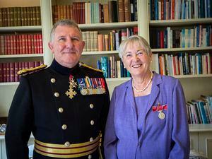 Picture by Sophie Rabey.  15/10/22.   Pat Child was awarded the BEM (British Empire Medal) for services to the health and voluntary sectors in Guernsey as part of the Queen's Birthday Honours list in June 2021.  
The Lieutenant-Governor General Richard Cripwell presented her with the award at Government House. (31375287)