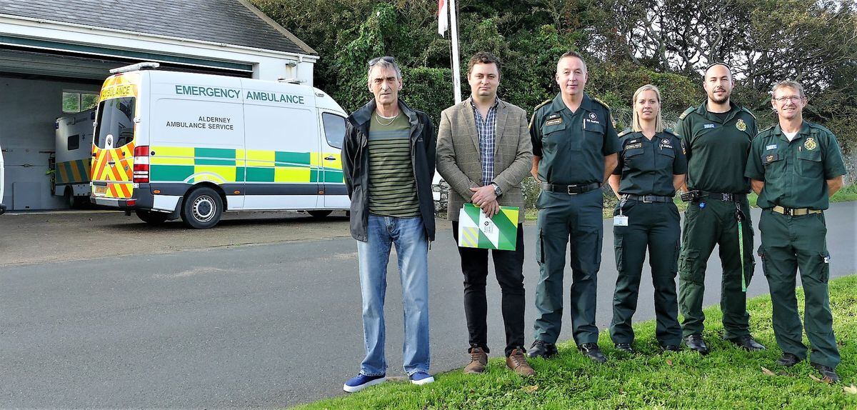 Guernsey’s St John Emergency Ambulance, which is to take over the running of Alderney’s ambulance service in the new year, held a recruitment drive over the weekend. Left to right. Alderney States members Kevin Gentle and Alex Snowdon, chief ambulance officer Mark Mapp, Aimee Lihou, paramedic and head of St John quality and patient safety, and Matt Williams and Colin Hadley, the current off-island contract paramedics. (Picture by David Nash)