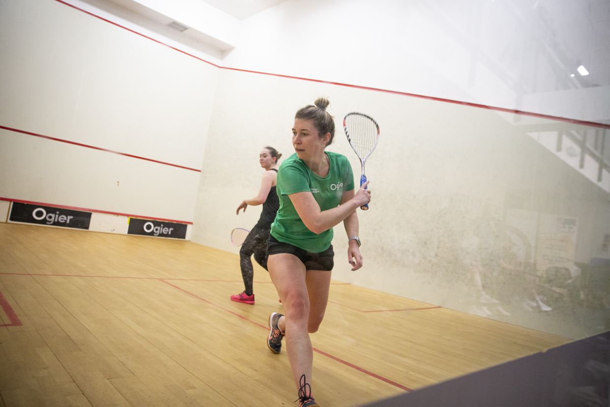 Guernsey's Natalie Birch against Beth Garton in the first-string rubber of the women's squash A match. (Picture by Luke Le Prevost, 31891120)