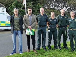 Guernsey’s St John Emergency Ambulance, which is to take over the running of Alderney’s ambulance service in the new year, held a recruitment drive over the weekend. Left to right. Alderney States members Kevin Gentle and Alex Snowdon, chief ambulance officer Mark Mapp, Aimee Lihou, paramedic and head of St John quality and patient safety, and Matt Williams and Colin Hadley, the current off-island contract paramedics. (Picture by David Nash)