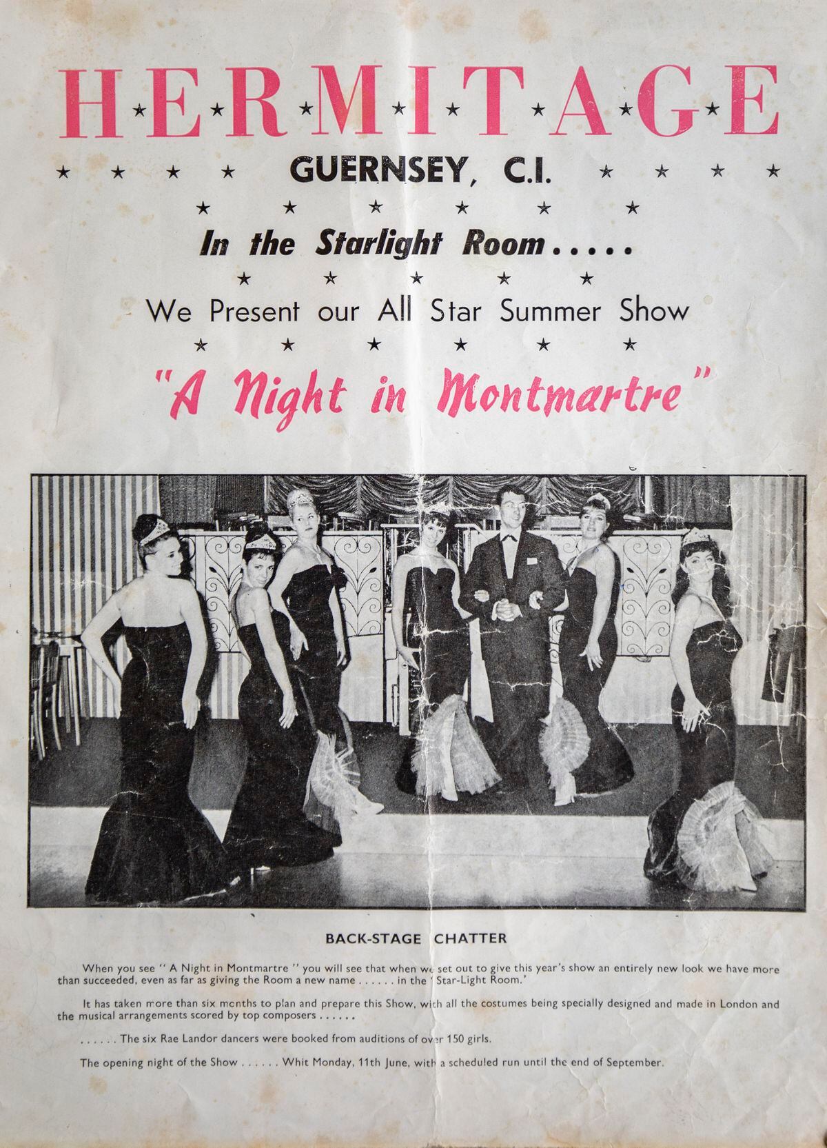 a poster advertising A Night In Montmartre at the Hermitage in 1962, a show put on by Ray Marks.