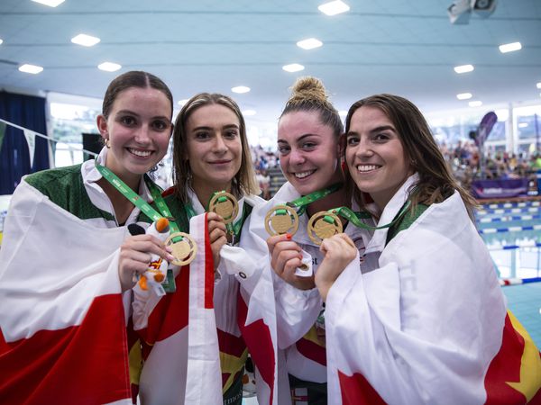 Record-breakers: Guernsey’s gold medal-winning women’s 4x100m relay squad who broke the Island Games record last night. Left to right: Ailish Rabey, Laura Le Cras, Tatiana Tostevin and Orla Rabey.  (Picture By Peter Frankland, 32320564)