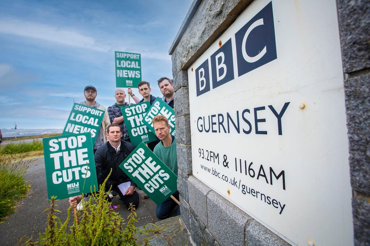 BBC Guernsey journalists and other staff nationally were on strike yesterday over cuts to local stations. Left to right, back, Tim Hunter, Nik de Garis, Charles Kershaw and Ian Child. In front, John Fernandez, left, and Euan Duncan. (Picture by Peter Frankland, 32188437)