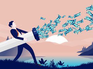 Wasting money - Businessman with pipe leaking money in to nature. Money poring out of businesses, and loosing money concept. Vector illustration. (31361250)