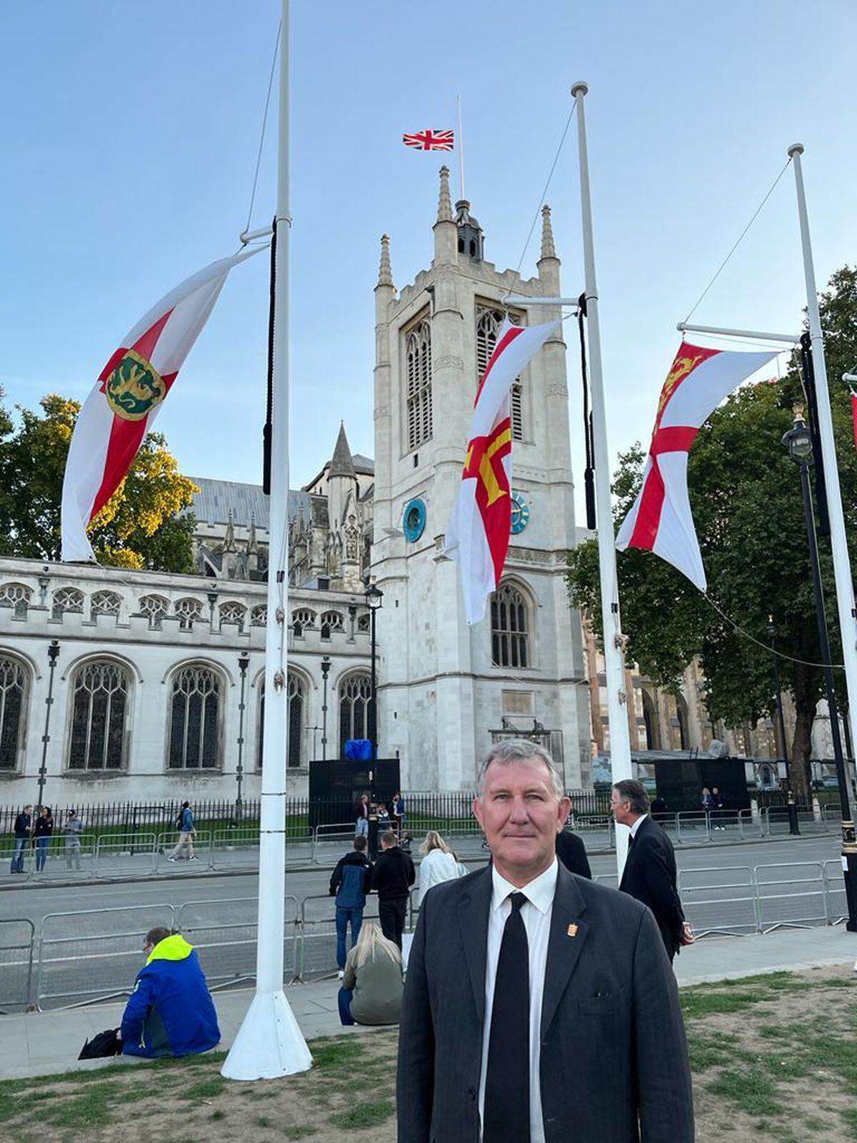 Lt-Governor Richard Cripwell with the Bailiwick flags in London, ahead of the Queen's funeral. (31281548)