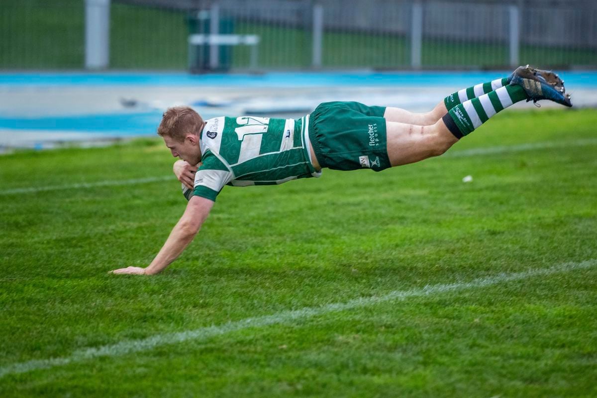 Guernsey Raiders centre Ciaran McGann dives over the line to score his crucial try at Footes Lane on Saturday. (Picture by Martin Gray, 30389241)