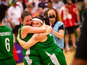 Emma Webb is embraced by Katie Cochrane after Guernsey's women sealed Island Games bronze on home soil last month. (Picture by Sophie Rabey)