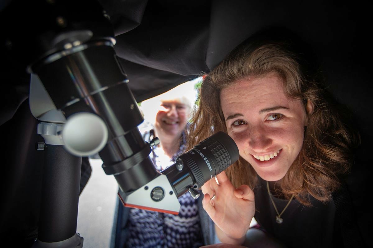 Sixth Form Centre students including Nadine Chapman have been learning about the sun from members of the astronomy section of La Societe Guernesiaise, such as its secretary, Jean Dean. (Picture by Peter Frankland, 28444822)