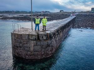 Picture by Peter Frankland.  19-01-22.  Special constables for the Rousse Mooring Committee, (L-R) Darren Mann and Rodney Norman, are concerned of the deterioration of Rousse Pier.
Drone image. (30398347)