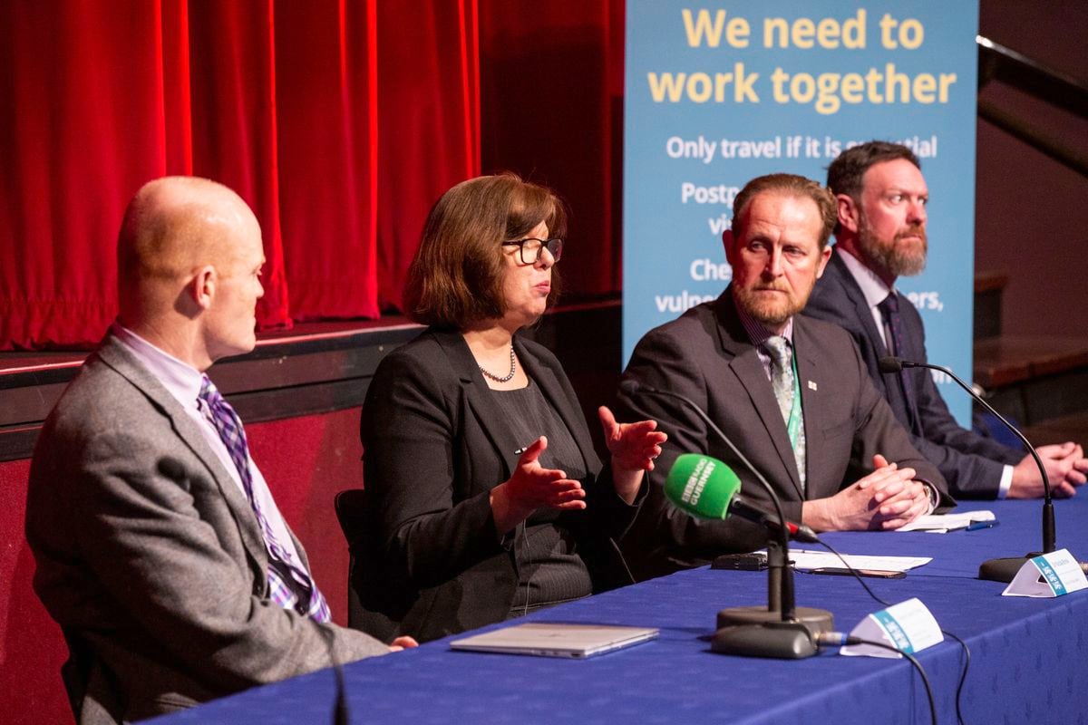 Left to right: Chief minister Gavin St Pier, director of public health Dr Nicola Brink, chief executive Paul Whitfield and chief operating officer Jason Moriarty explaining the new travel restrictions at a press conference at Beau Sejour on Tuesday. (Picture by Sophie Rabey, 27518933)