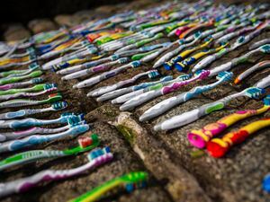 Picture By Peter Frankland. 02-03-22 Many plastic items including toothbrushes, air fresheners and make-up remover have washed up on local beaches. This lot was collected by memebrs of the public at Havelet this morning. (30567018)