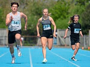 Picture By Peter Frankland. 24-04-22 Athletics at Footes Lane. First meeting of the season. Ben Stevens (56) Abi Galpin (23). (30749884)