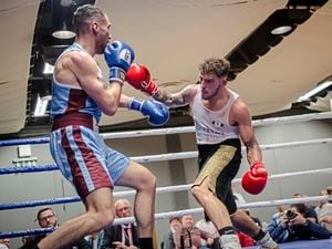 Pic supplied by Andrew Le Poidevin: 30-10-2021..Guernsey Amalgamated Boxing Club October Fright Night at Beau Sejour. Guernsey ABC v RAF. Billy Poullain v Arran Devine.. (30145379)