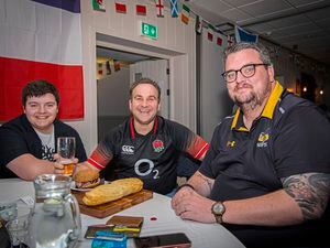 Picture by Sophie Rabey.  19-03-21.   Six Nations Rugby Wooden Spoon fundraiser at The Peninsula Hotel.  First time attending this fundraiser L-R Joe Domaille, Tristan Boscher and Craig Gauvain enjoying the games this afternoon. (30630245)