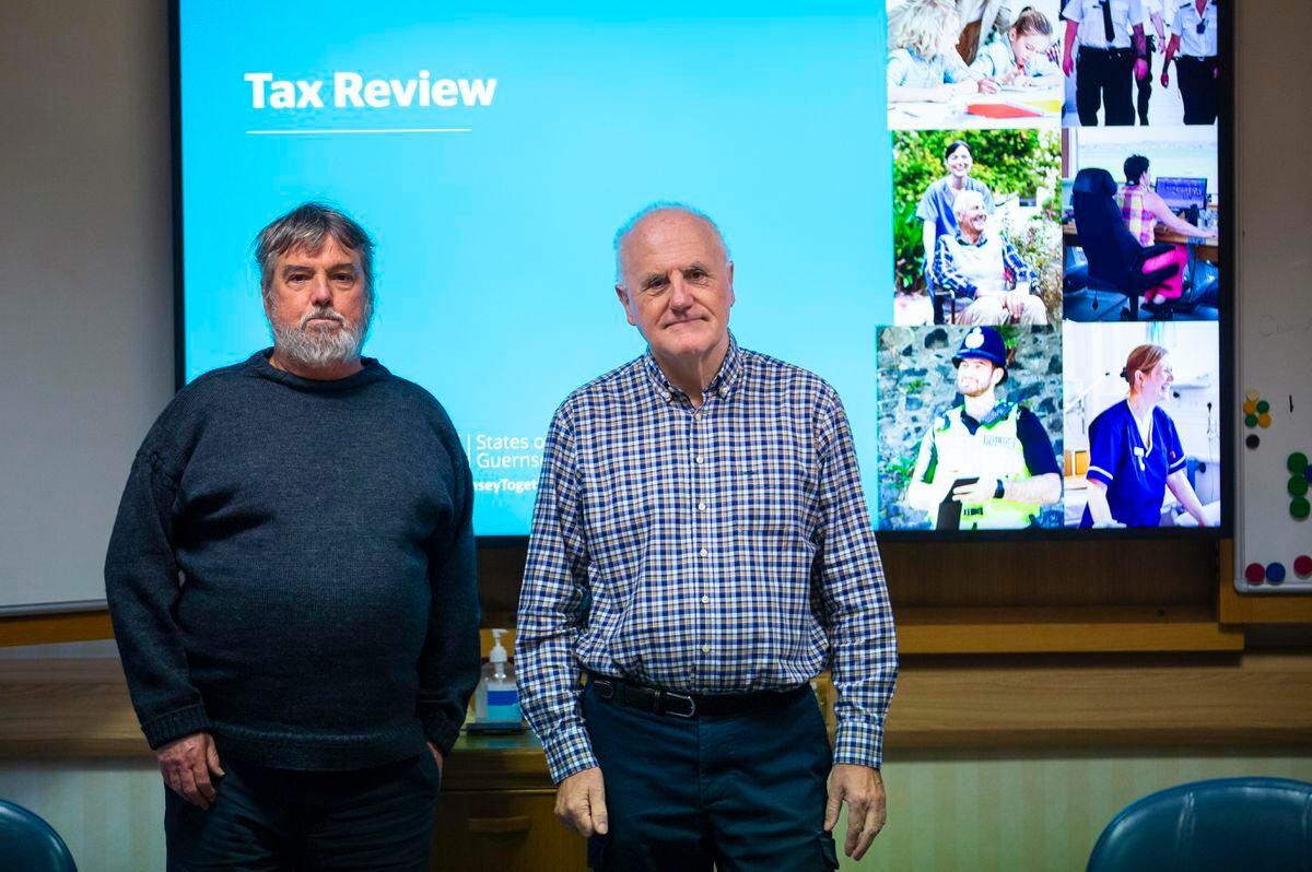 Deputies Peter Roffey, left, and Peter Ferbrache at the press briefing on proposed tax changes including a 5% GST. (Picture by Peter Frankland, 31516255)