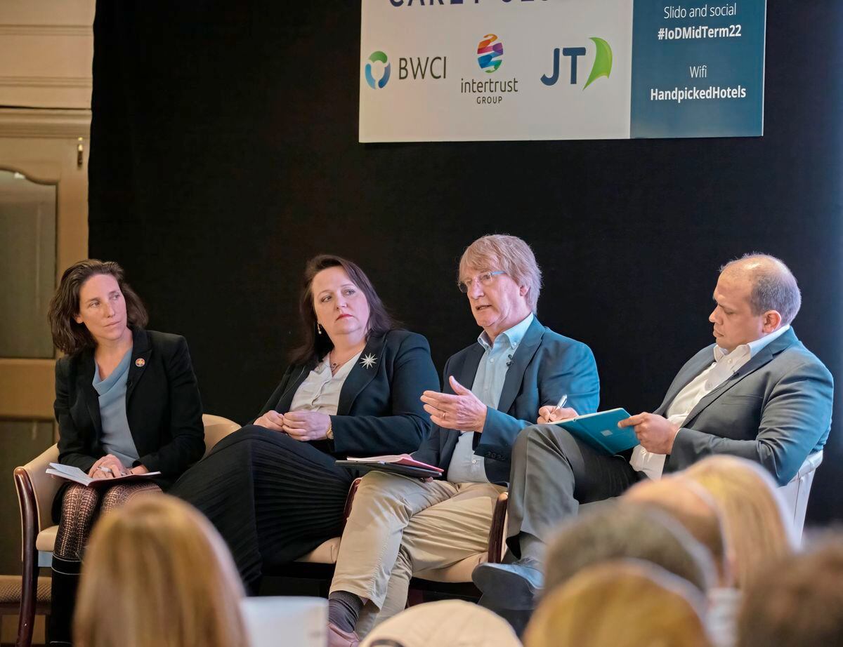 A panel of experts at the Guernsey Institute of Directors mid-term review. Left to right|: Deputy Lindsay de Sausmarez, Elaine Gray, Chris Brock and Matthew Agarwala.. (30653059)